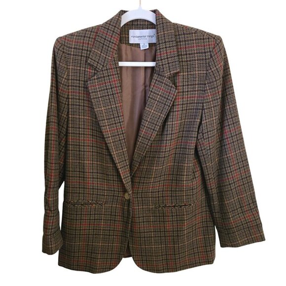 Vintage Fundamental Things Brown Gilmore Plaid 90s Boxy Blazer Size 6 - Picture 1 of 5